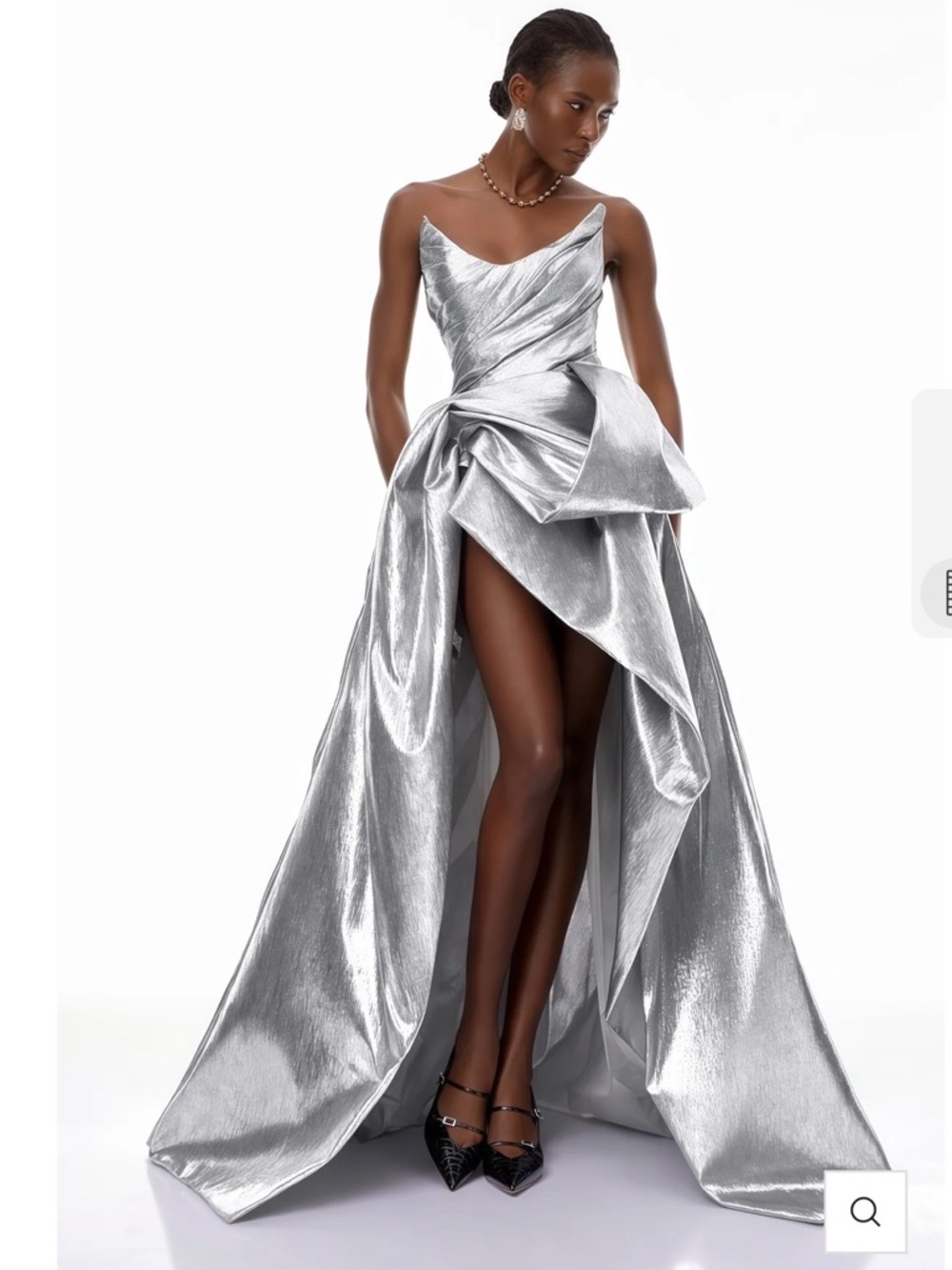 Miss Rosier Adina Silver Glossy Asymmetrical Ruched gown BRAND NEW